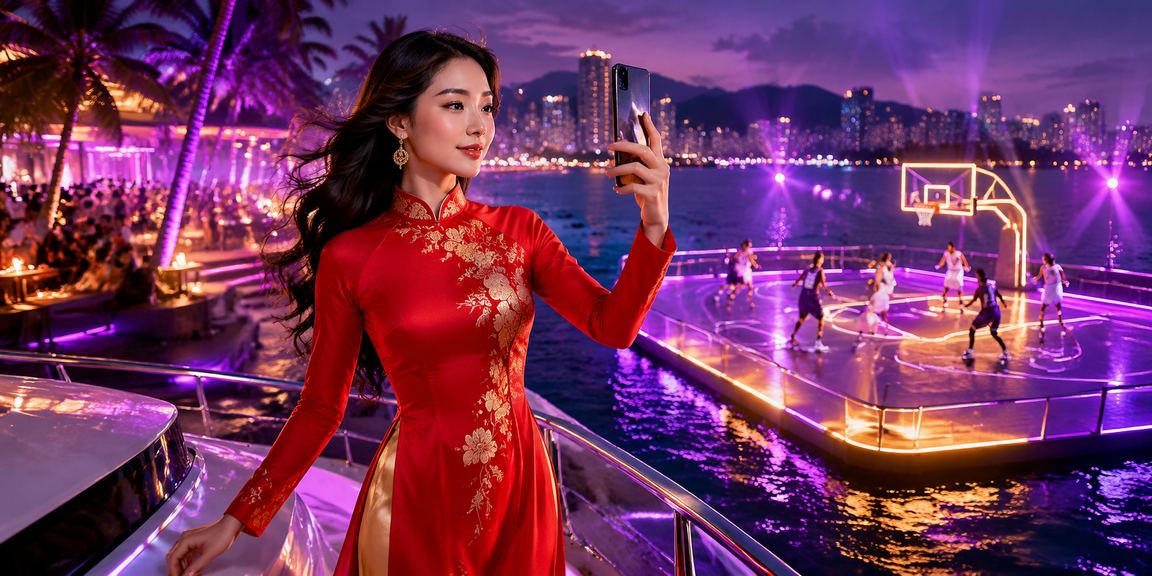 Người dùng tại Nha Trang theo dõi kết quả cược bóng rổ trên điện thoại trong trang phục áo dài
